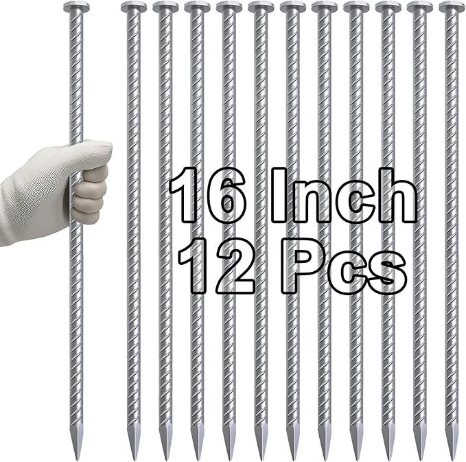 VVOKGO 16 Inch Rebar Stakes 1/2 Inch Diameter Galvanized Steel Ground Anchors Heavy Duty，Metal Asphalt Anchoring Spikes for Speed Bump, Handicap Threshold Ramps，Parking Limits Curb and Tent (12 Pack)