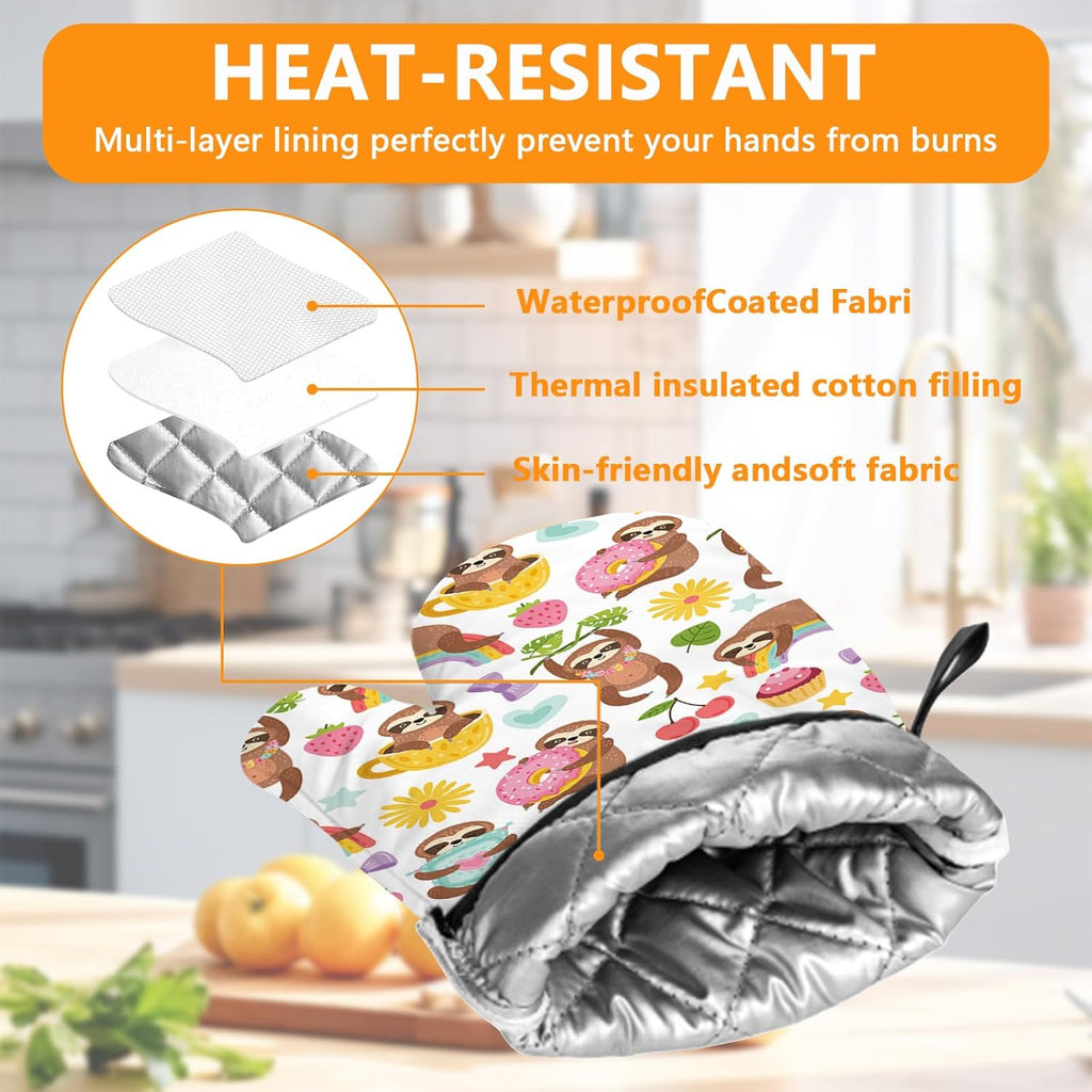 Cute Sloth Oven Mitts and Pot Holders Sets 4Pcs,Extra Long Oven Gloves Potholder for Kitchen Cooking Baking BBQ 100% Cotton Heat Resistant