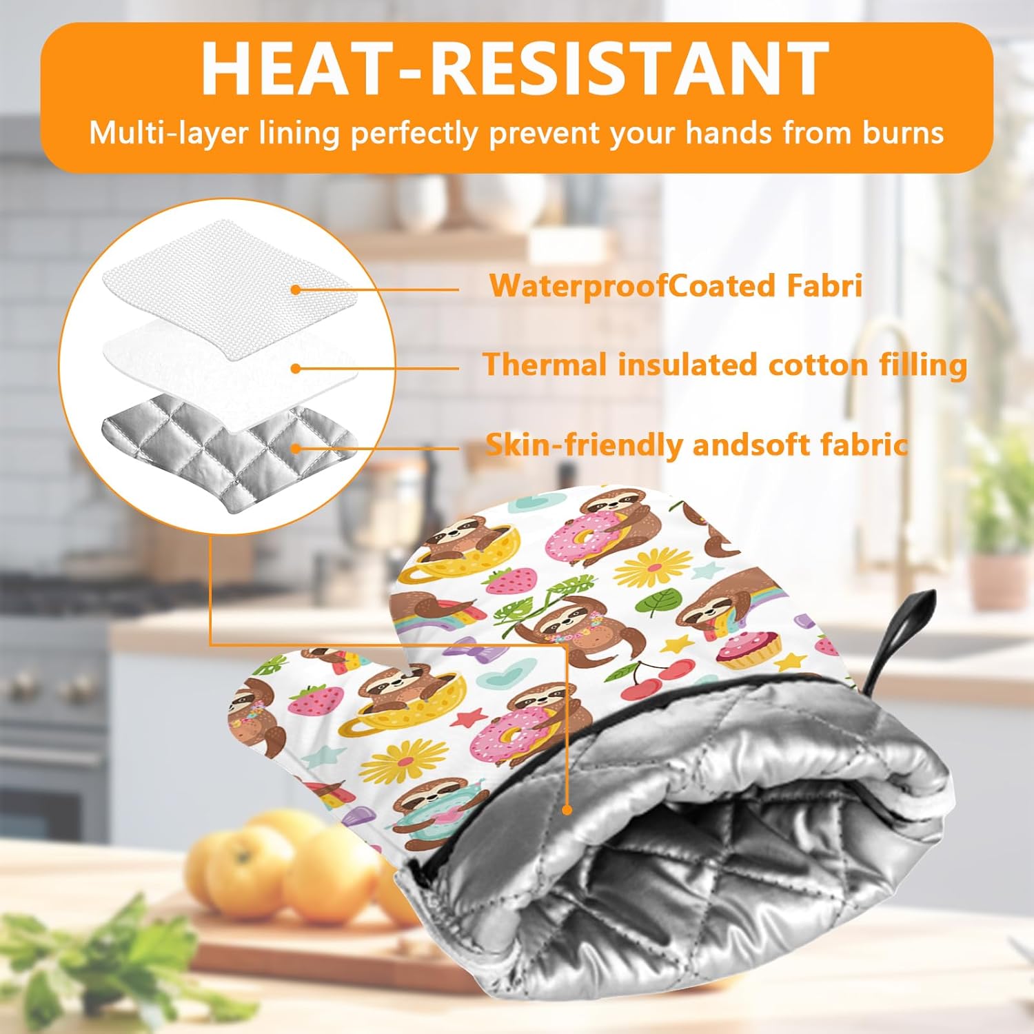 Cute Sloth Oven Mitts and Pot Holders Sets 4Pcs,Extra Long Oven Gloves Potholder for Kitchen Cooking Baking BBQ 100% Cotton Heat Resistant