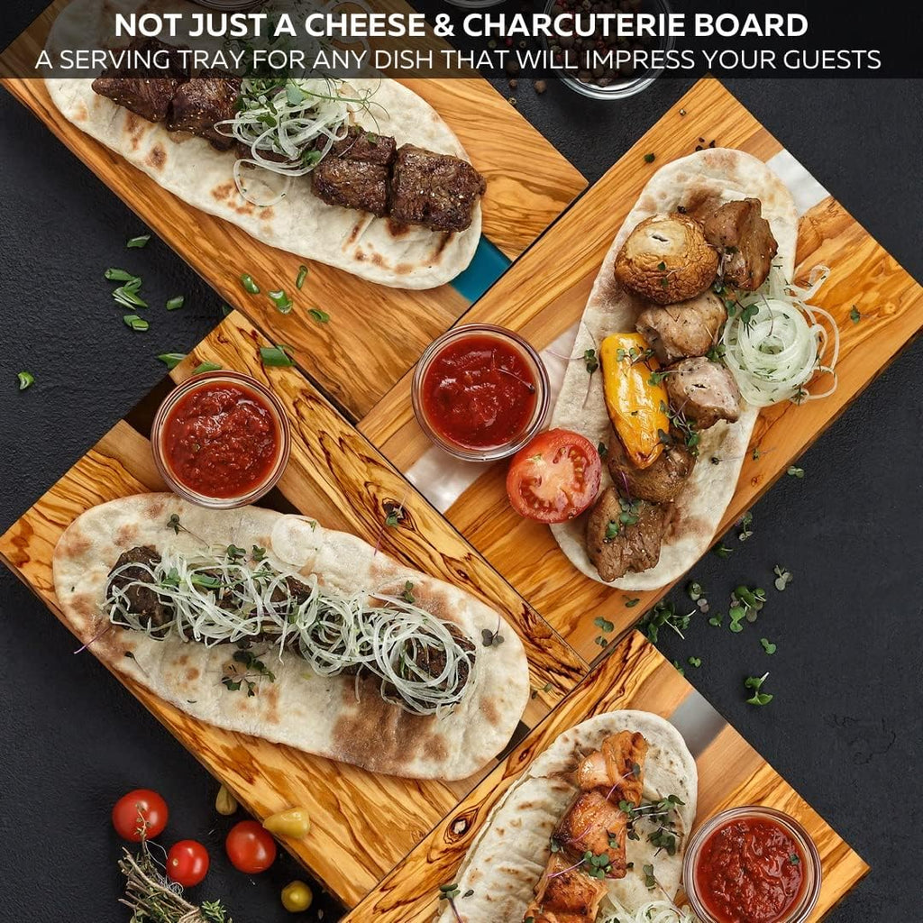 Handcrafted Italian Olive Wood Cheese & Charcuterie Board Set with Unique Black Resin Artwork - Cutting Board Comes with 4 Cheese Knives, 2 Dipping Bowls & Corkscrew Wine Opener (Black)