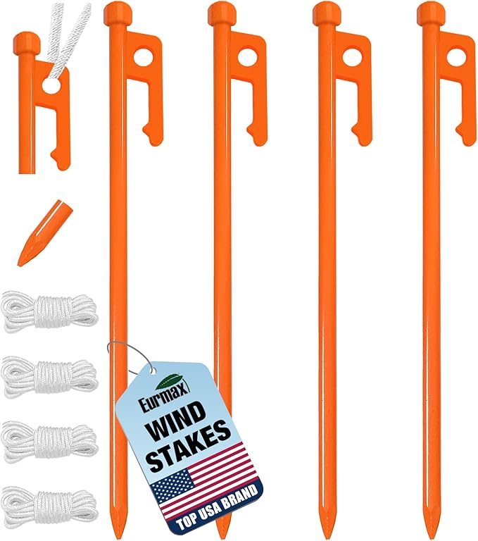 Eurmax USA 10 inch Multiuse Heavy Duty Steel Tent Stakes Tarp Pegs Camping Stakes for Outdoor Camping Canopy and tarp with 4 Ropes 10FT Length