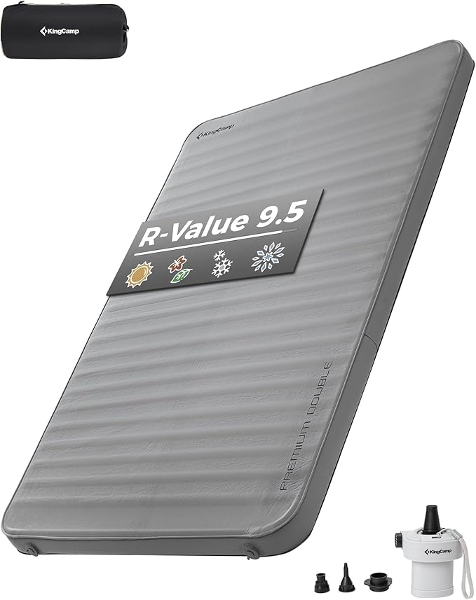 KingCamp Double Sleeping Pad, 2 Person Queen R 7.9 Self Inflating Sleeping Pad, 3" Thick Full Size Foam Mattress Mat with Air Pump for Outdoor Camping Tent Car, PVC Free (Grey)