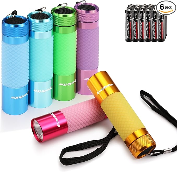 EverBrite 6-Pack Mini Flashlights, Glow in Dark Flashlights, Aluminum LED Flashlights Party Favors Assorted Colors for Camping, Hiking, Indoor, 18XAAA Batteries Included