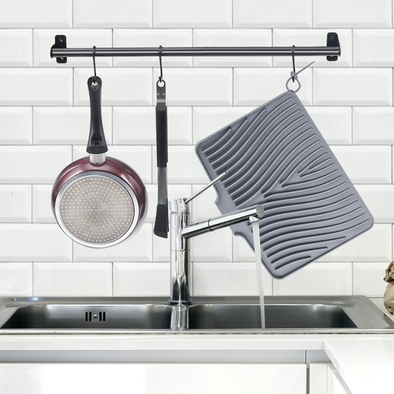 Dish Drying Mat, Stone Drying Mat for Kitchen Counter with Built-in Drain, Non-Slip Drying Matt Kitchen Counter, Heat Resistant Silicone Drying Mat, 2 Pcs(15.8"X 13", Grey)