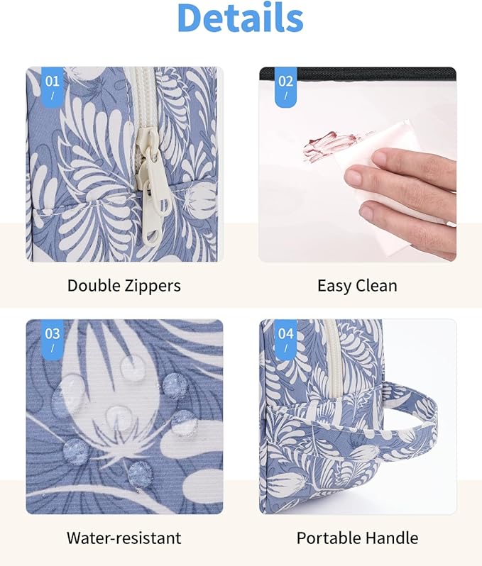 Narwey Clear Makeup Bag Cosmetic Bag with Zipper for Travel, Clear Toiletry Bags for Traveling Toiletries Women Men, Make Up Pouch with Handle, Skincare Bag (Blue Leaf)