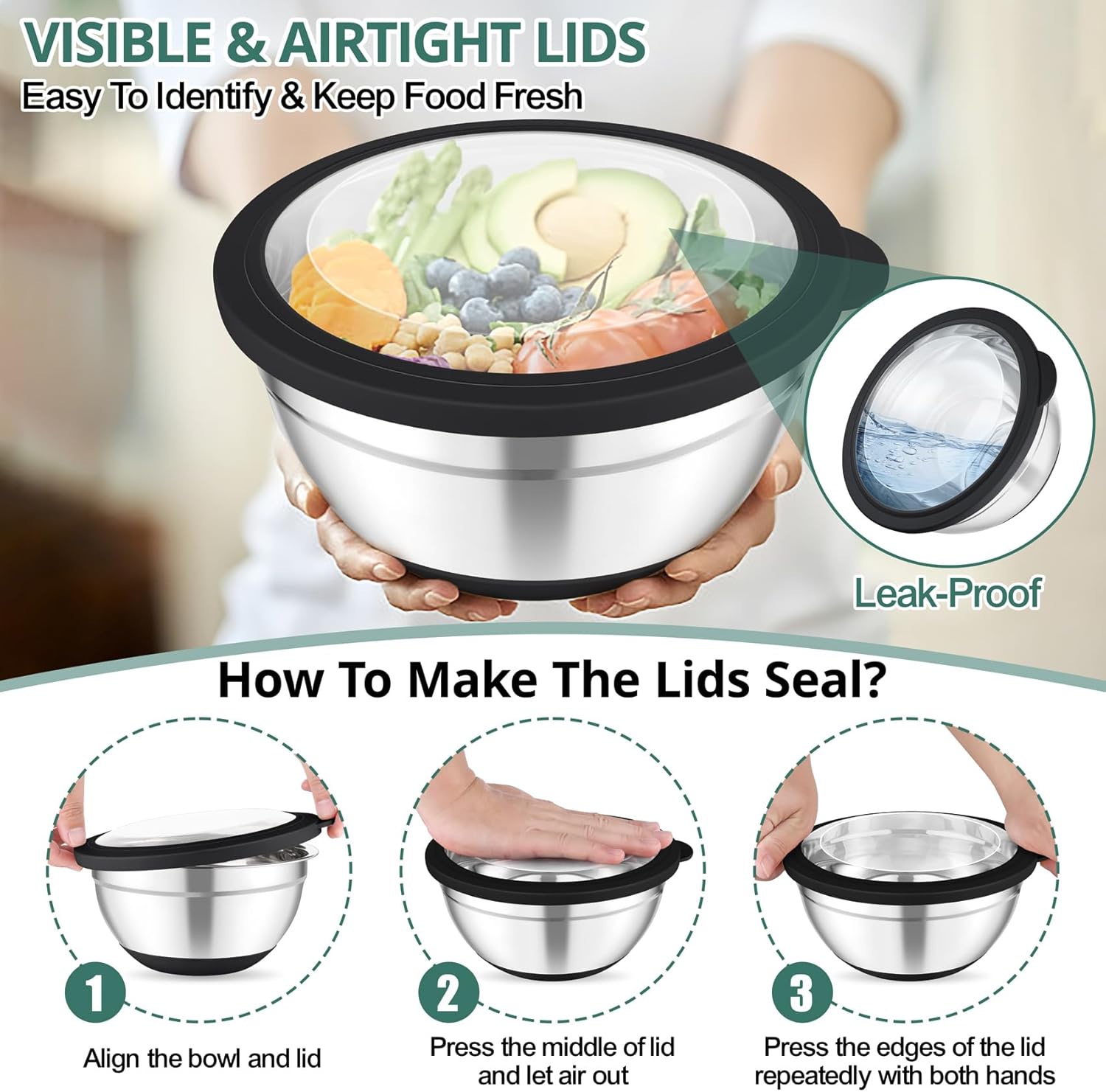 TeamFar Mixing Bowls, 5PCS Stainless Steel Serving Salad Bowls with Lids, For Kitchen Mixing/Baking/Storing/Prepping, Visible & Airtight, Non-Slip Bottom - 4.6/3.5/1.5/1 / 0.7 QT, Black