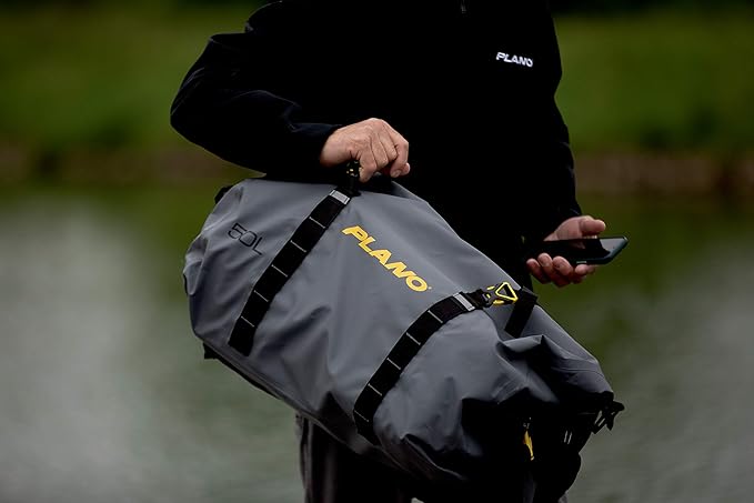 Plano Z-Series Roll-Top Waterproof Duffel with Backpack Straps, Gray with Yellow Accents, 500D PVC Fabric Fishing Dry Bag, Soft Fishing Duffel Bag Storage