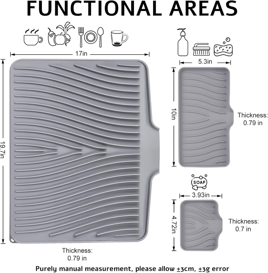 Silicone Dish Drying Mat for Kitchen Counter, Dish Drying Pad, Non-Slip Drain Pad with Built-in Drain, Heat Resistant Stone Drying Mat, 1 set XL(Grey)