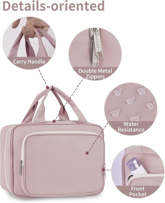 Travel Toiletry Bag for Women Large Hanging Makeup Bag Organizer Toiletries Bag for Full Size Essentials Accessories Cosmetics (Dusty Rose (Large))