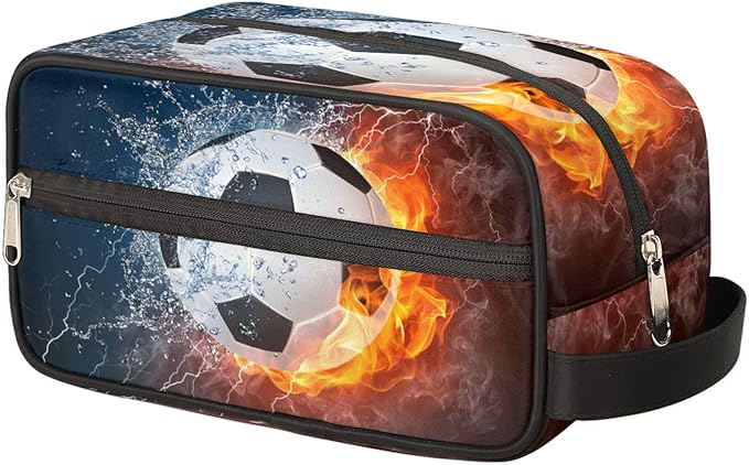 Fire Soccer Ball Portable Travel Toiletry Bag, Ice Fire Football Dopp Kit Cosmetic Organizer Makeup Bag Shower Shaving Bag for Men Women