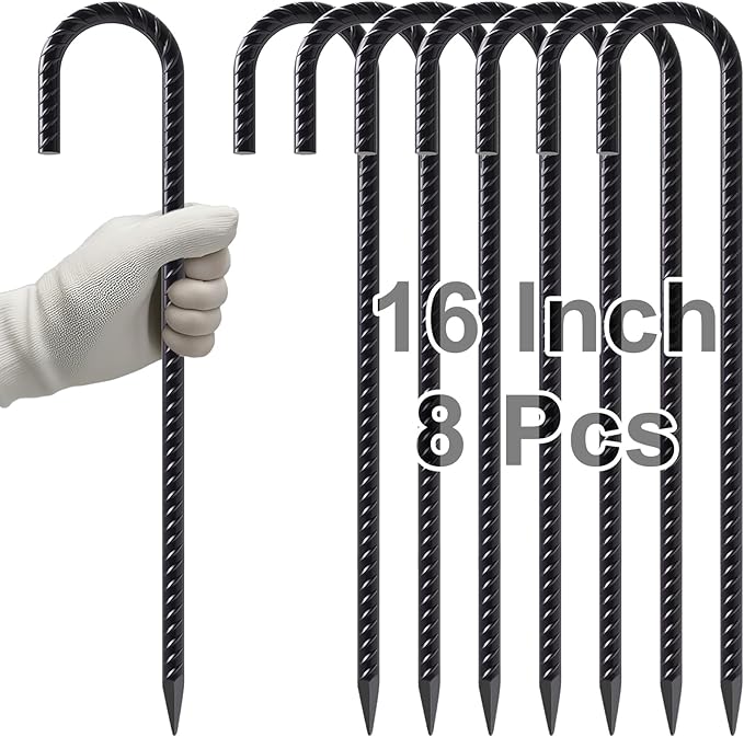 VVOKGO Rebar Stakes 8 Pack 16 Inches Black Steel J Hook Ground Stakes for Fixing Camping Tents, Fences, Swings, Football Nets, Inflatable Decorations