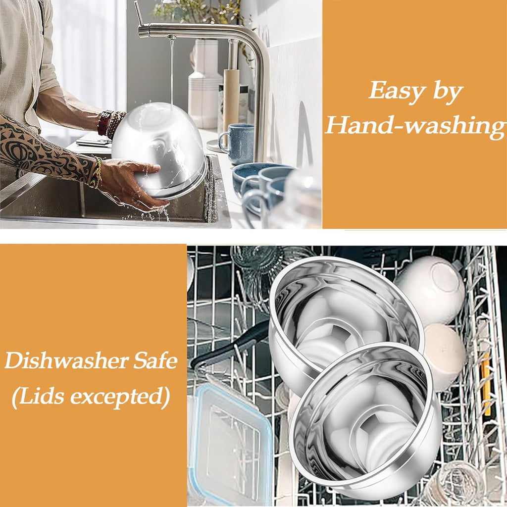 TeamFar Mixing Bowls, Stainless Steel Nesting Salad Bowls with Lids Set of 3 & 3 Grater Attachments, For Mixing/Serving/Storing, Non-toxic & Long-lasting, Size 4.6/3 / 1.5 QT, Khaki