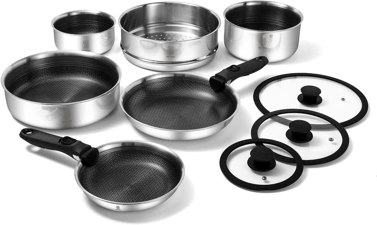 ROYDX New Model Hybrid Nonstick Cookware Set 19-Piece Stainless Steel Pots and Pans Set with Removable Handles, Save Space,Dishwasher and Oven Safe, Induction Ready, Compatible with All Cooktops