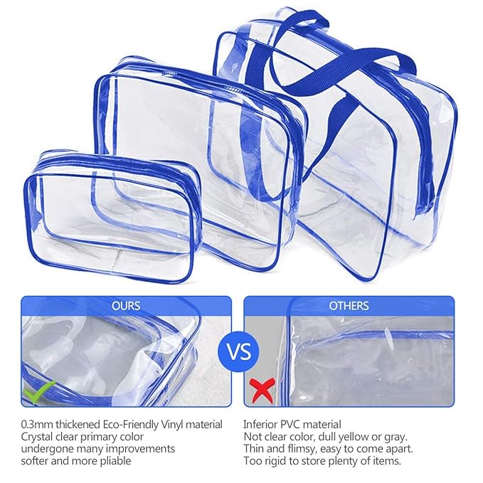 4Pcs Crystal Clear PVC Travel Toiletry Bag Kit for Women Men, Waterproof Vinyl Packing Organizer Storage Bags with Zipper Handle Straps, Cosmetic Pouch Carry on Airport Airline Compliant Bag Handbag