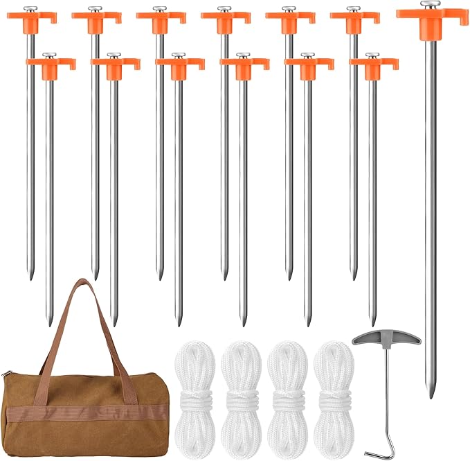 Aodaer 12 Pack Tent Stakes Heavy Duty Tent Pegs 10.25 Inch Non-Rust Metal Yard Stakes with 4x10ft Ropes and Storage Bag Inflatable Stakes for Gardening & Canopies, Camping Halloween Christmas, Orange