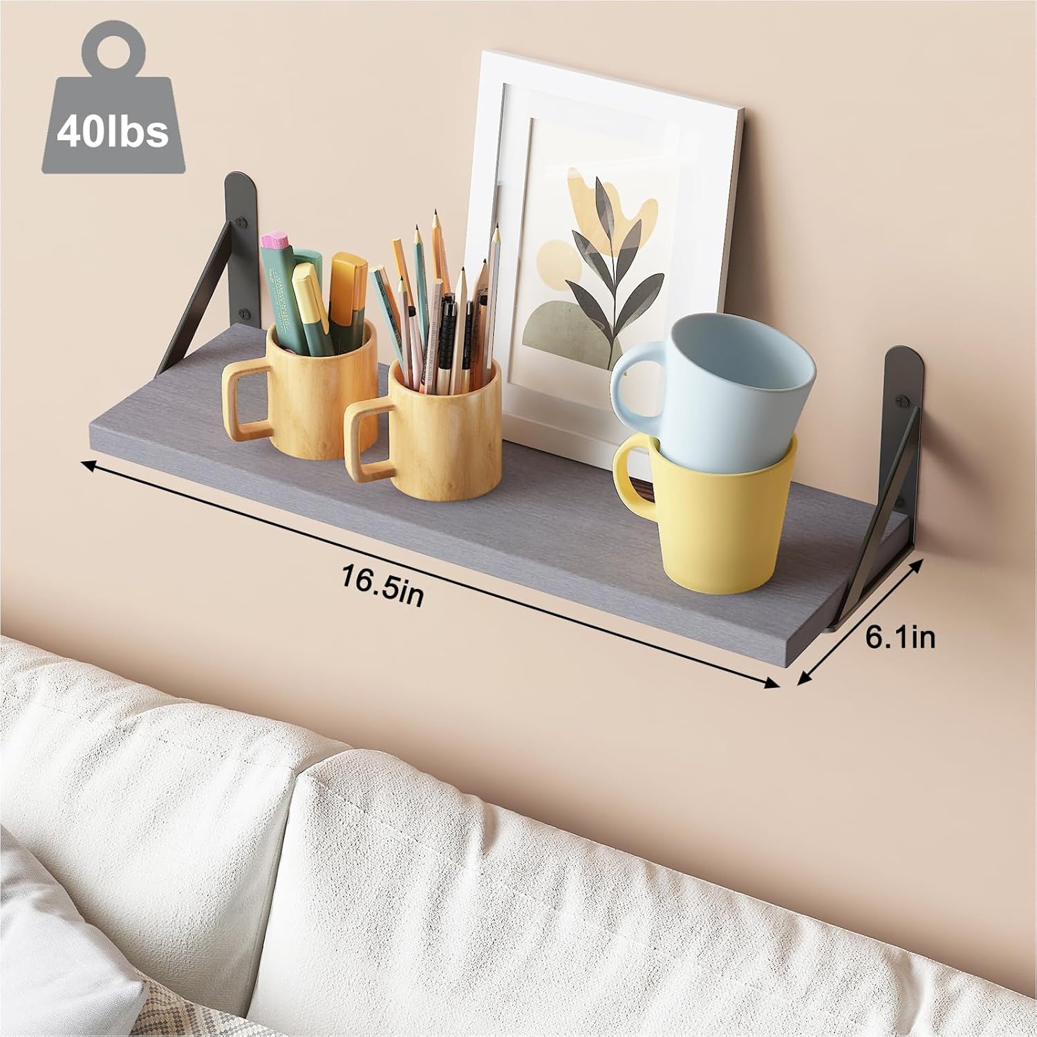 YGEOMER 16.5 Inch Floating Shelves for Wall, Farmhouse Wall Shelves for Bedroom, Bathroom Storage, Living Room and Kitchen Decor (Set of 6 Grey)