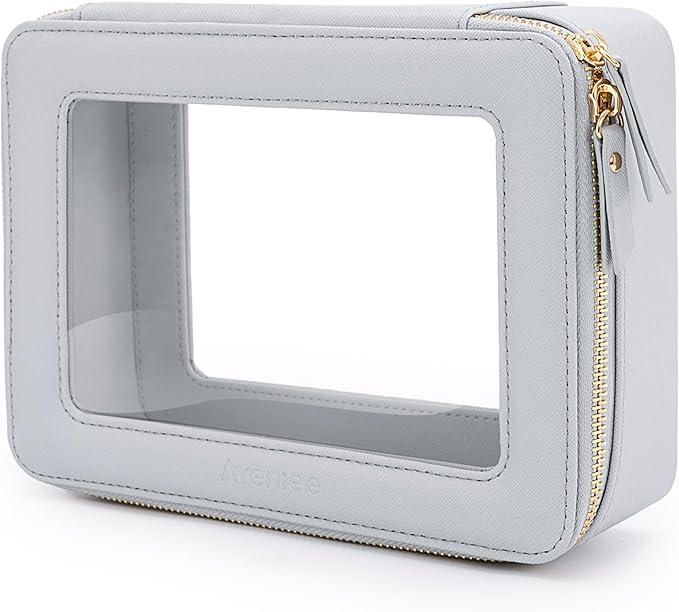 Aveniee Clear Makeup Bag for Women, Cosmetic Bags Travel Toiletry Bag Organizer, Makeup Train Case with Clear Windows & Gold Zippers(Pearl Blue)