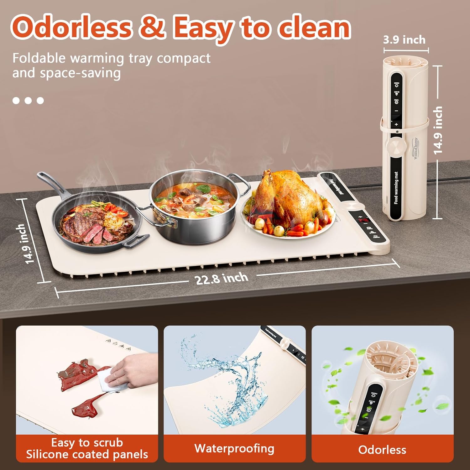 Warming Mat for Food - Electric Warming Tray with 9 Temperature Settings and 6 Hours Timer Food Warming Mat with Full Surface Heating for Buffets Party Gatherings(Beige)