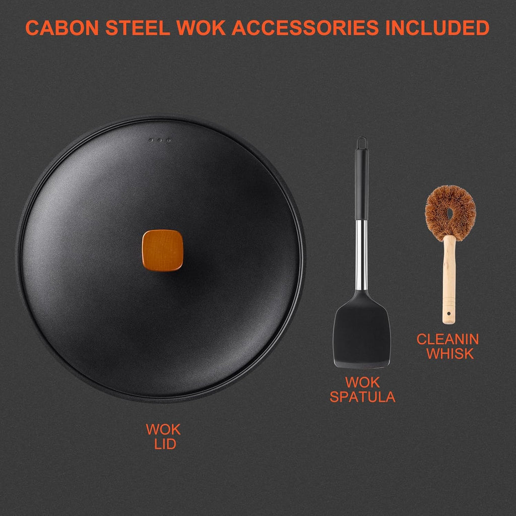 Carbon Steel Wok Pan - 12.9" Woks & Stir-Fry Pans Nonstick with Spatula: Flat Bottom Wok for Electric, Induction and Gas Stoves