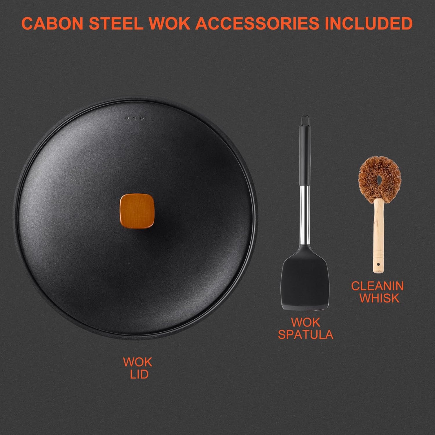 Carbon Steel Wok Pan - 12.9" Woks & Stir-Fry Pans Nonstick with Spatula: Flat Bottom Wok for Electric, Induction and Gas Stoves