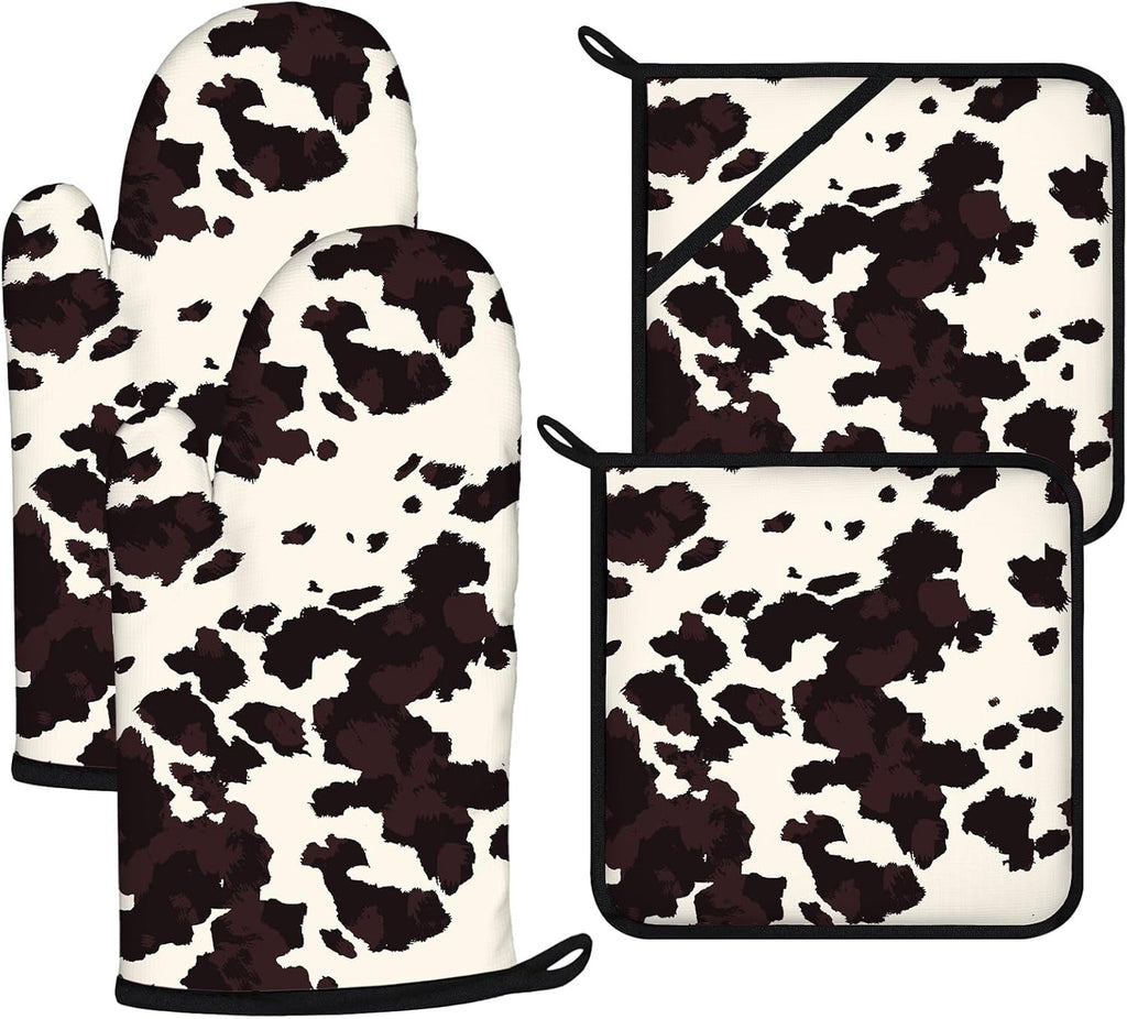 Black Cow Print Oven Mitts and Pot Holders Sets 4Pcs,Extra Long Oven Gloves Potholder for Kitchen Cooking Baking BBQ 100% Cotton Heat Resistant