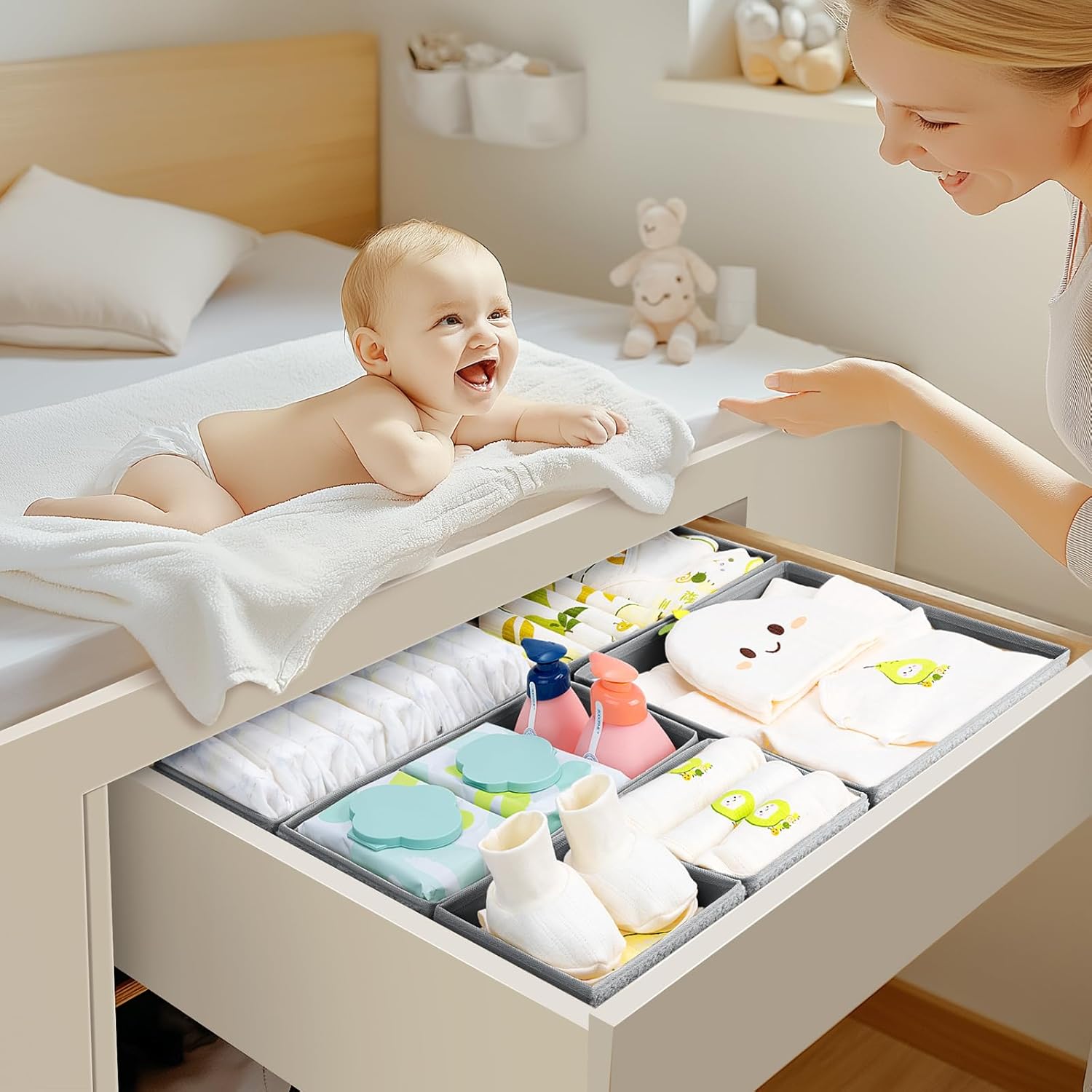 Drawer Organizer Clothes - 12 Pack Dresser Organizer for Nursery, Foldable Sock Underwear Organizer, Baby Drawer Organizer, Small Fabric Storage Bins for Dresser Drawer Closet, Grey