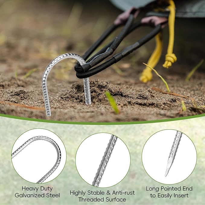 CEWOR 30 Pack 12 Inch Rebar Stakes, J Hook Galvanized Ground Stakes Heavy Duty Chain Link Fence Stakes Metal Ground Anchors for Tent Camping, Trampoline, Outdoor Garden Decorations