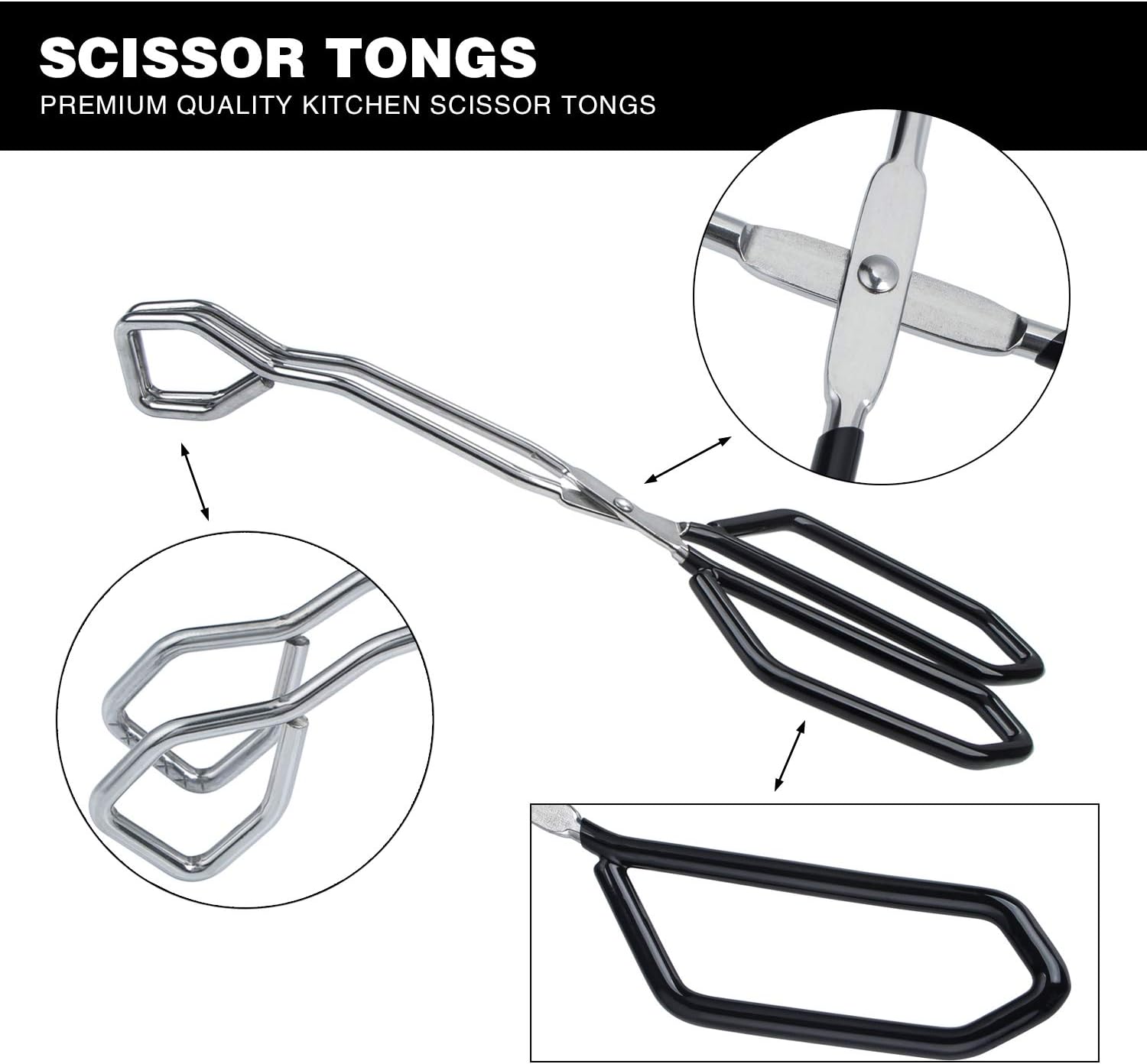 MSY BIGSUNNY Scissor Tongs Heavy Duty Cooking Tongs with Soft Handles (Stainless Steel, black 11")