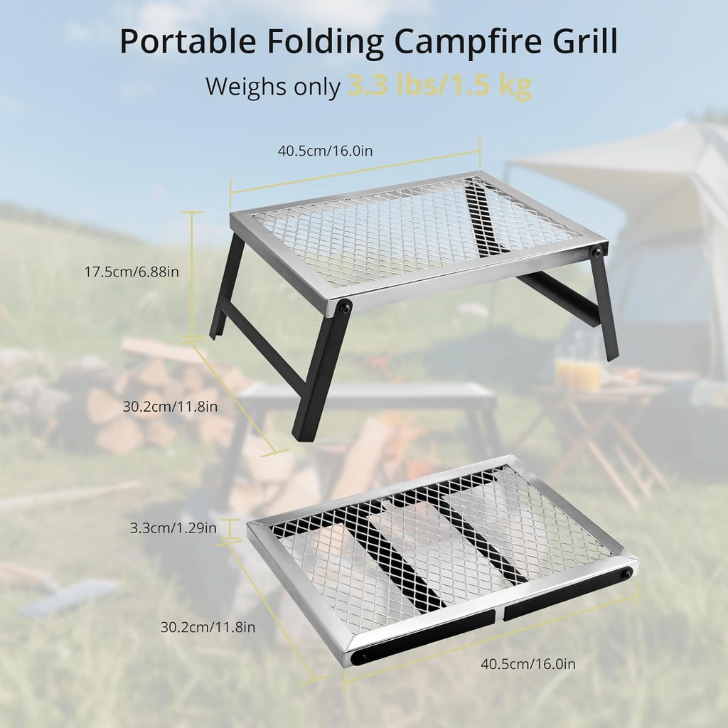 Folding Campfire Grill, 16" x 12" Heavy Duty Steel Mesh Grate Chrome Finish with Folding Legs, Portable Campfire Cooking Equipment, for Camping Outdoor BBQ Cooking Open Fire, Silver