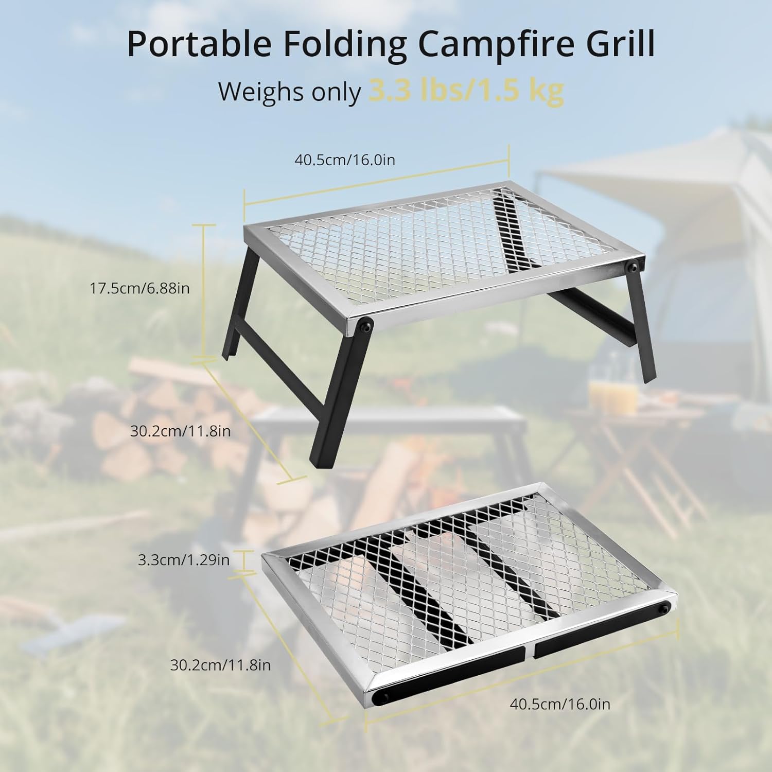 Folding Campfire Grill, 16" x 12" Heavy Duty Steel Mesh Grate Chrome Finish with Folding Legs, Portable Campfire Cooking Equipment, for Camping Outdoor BBQ Cooking Open Fire, Silver