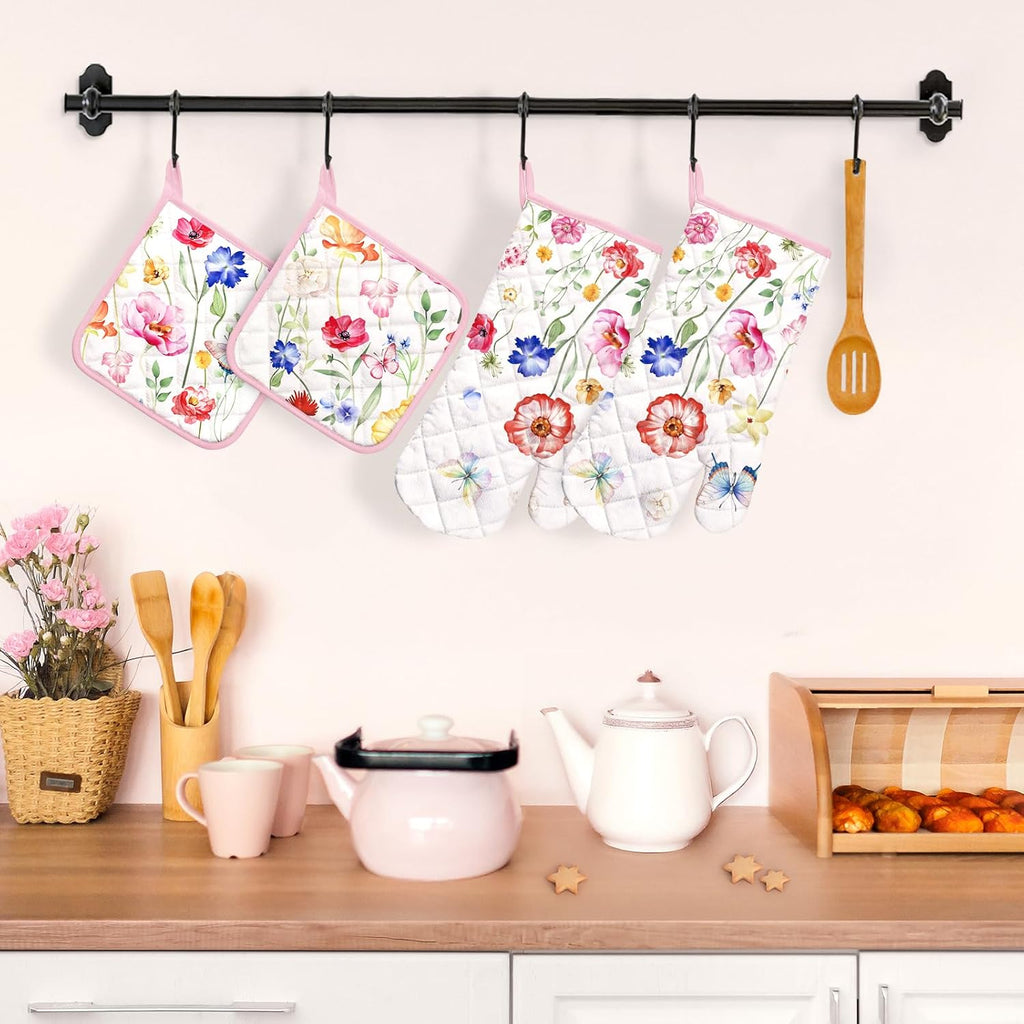 Wildflower Oven Mitts and Pot Holders Sets 4Pcs, 100% Cotton Heat Resistant, Extra Long Oven Gloves Potholder for Kitchen Cooking Baking Decoration