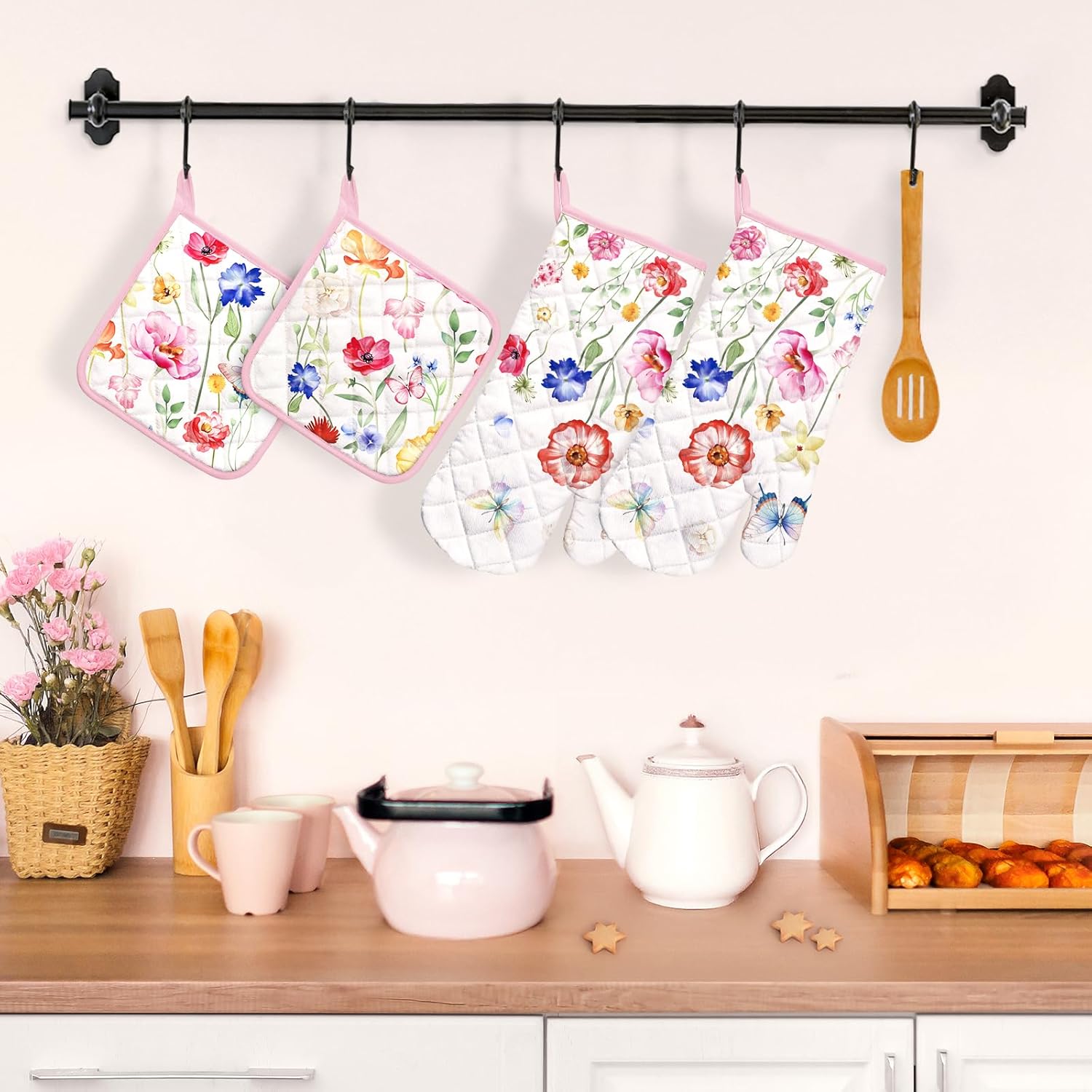 Wildflower Oven Mitts and Pot Holders Sets 4Pcs, 100% Cotton Heat Resistant, Extra Long Oven Gloves Potholder for Kitchen Cooking Baking Decoration