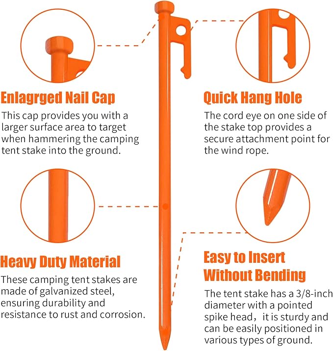 Eurmax USA 10 inch Multiuse Heavy Duty Steel Tent Stakes Tarp Pegs Camping Stakes for Outdoor Camping Canopy and tarp with 4 Ropes 10FT Length