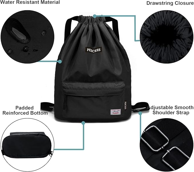 Peicees Waterproof Drawstring Sport Bag Lightweight Sackpack Backpack for Men and Women