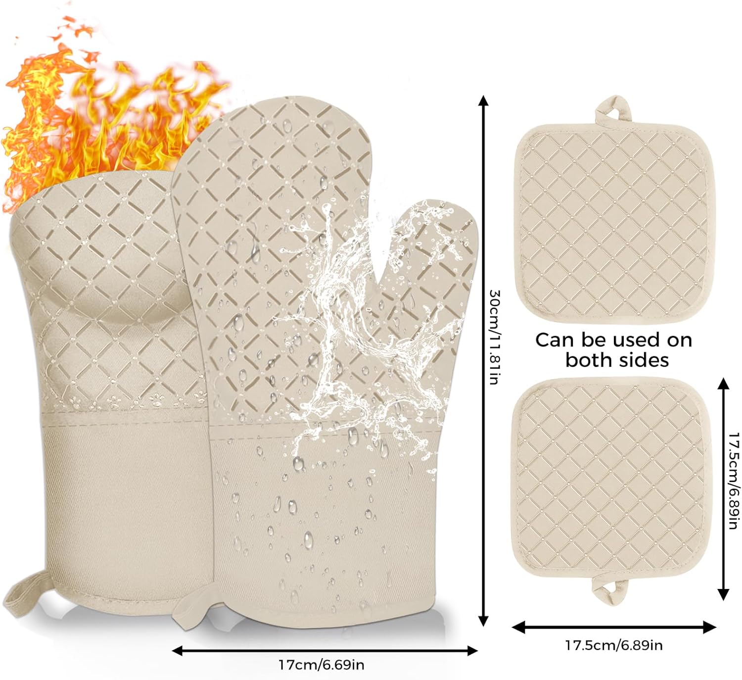 4PCS Oven Mitts and Pot Holders Sets 500°F Pot Holders for Kitchen Heat Resistant Oven Gloves Anti-Slip Silicone Stripe Oven Mitts Heat Resistant Hot Pads Oven Mits Potholders for Kitchens (Khaki)