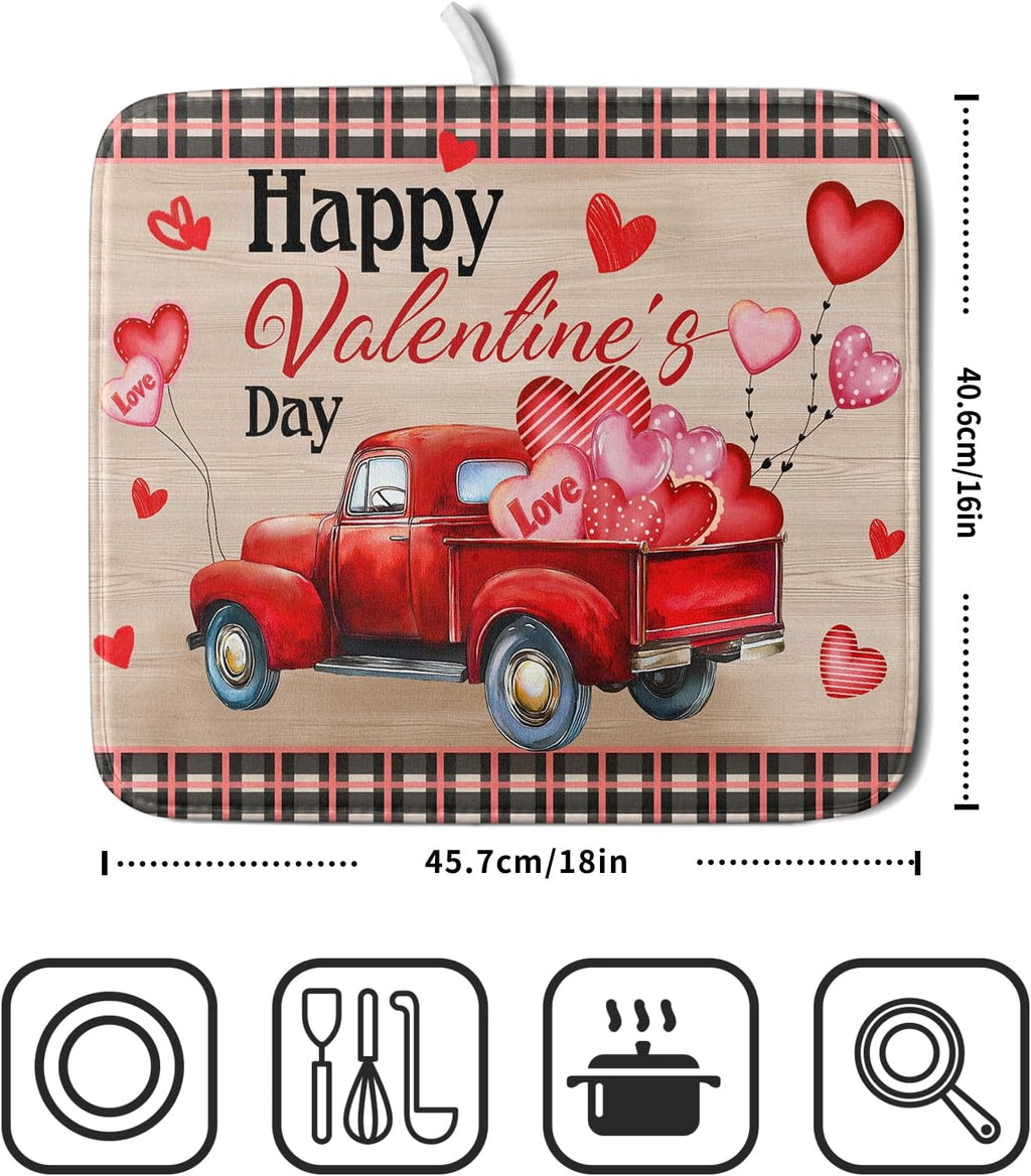 Valentine's Day Truck Dish Drying Mat 16x18 inch Love Heart Washable Absorbent Dishes Pad Dish Drainer Mat for Kitchen Counter Sink Coffee