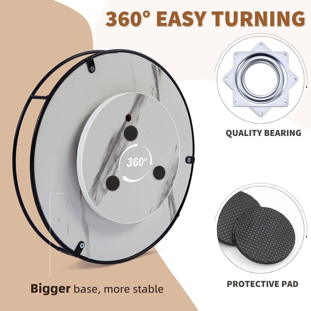 12 Inch White Wood Lazy Susan Turntable for Table, Kitchen Rustic Brown Turntable Organizer with Steel Frame, 360 Degree Decorative Turntable for Countertop Cabinet or Centerpieces