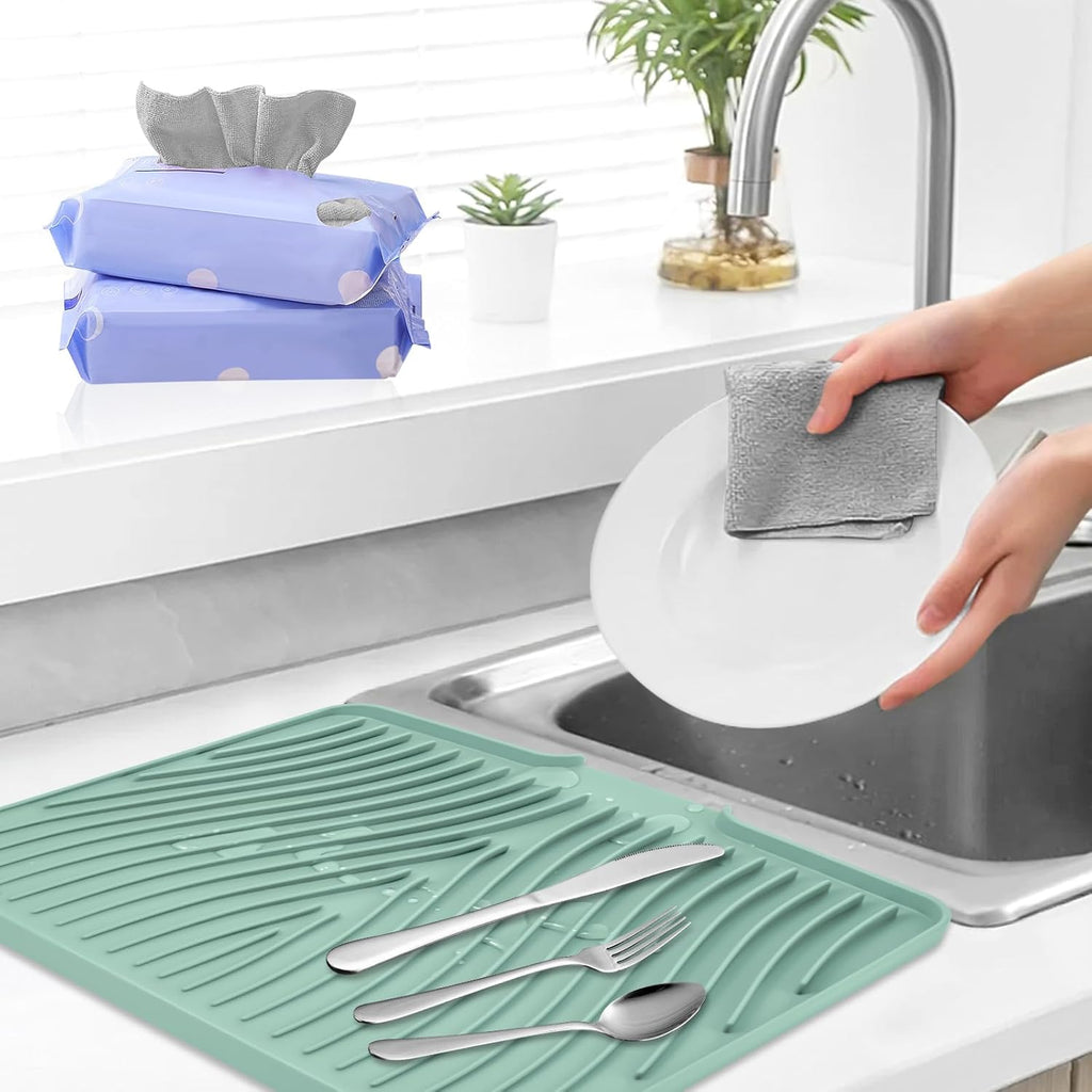 Silicone Dish Drying Mat, Stone Drying Mat for Kitchen Counter with Built-in Drain, Non-Slip 15.8" X 13" Drying Matt Kitchen Counter and Grey Microfiber Cleaning Cloth, Cleaning Rags Set(Mint)