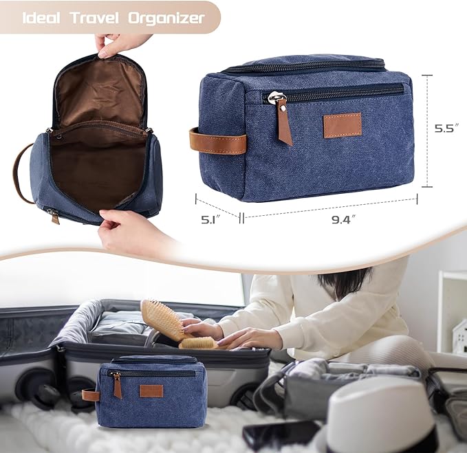 Men's Canvas Toiletry Bag, Large Capacity Men's Travel Portable Toiletry Bag, Organizer Dopp Kit Leather Accessory, Water-resistant Shaving Pouch, Birthday/Anniversary/Groomsmen Gifts for Him- Blue