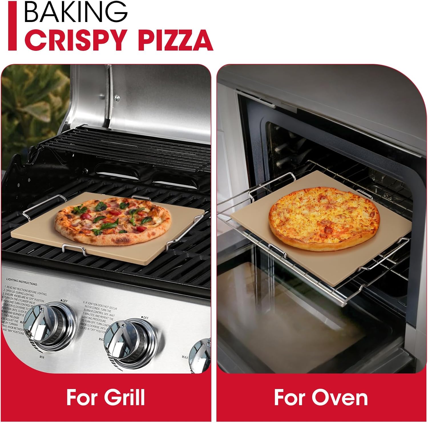 Unicook 12 Inch Square Pizza Stone for Oven and Grill, Oven Baking Stone for Bread, Cordierite Pizza Pan for Baking Crispy Bread, Pie and Cookies, Includes Carry Rack and Dough Scraper
