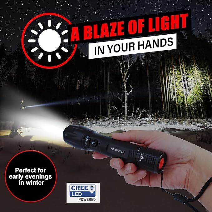 GearLight S1000 Rechargeable LED Tactical Flashlight – 2 Pack, High Lumens, USB-C Fast Charging, Dual-Button, IPX4 Water-Resistant, Pocket-Sized for Camping & Emergencies, with Batteries & Accessories