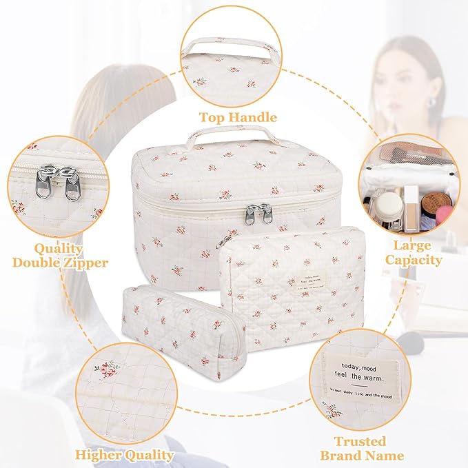 Makeup Bag Set, Quilted Makeup Bag, Large Floral Cosmetic Bag for Women, Cute Cotton Makeup Bags, Flower Travel Toiletry Organizer Bag(Plaid Floer)