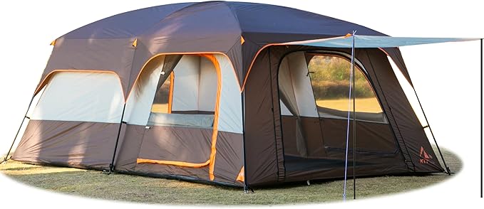 KTT Extra Large Tent 10-12-14 Person(B),Family Cabin Tents,2 Rooms,3 Doors and 3 Windows with Mesh,Straight Wall,Waterproof,Double Layer,Big Tent for Outdoor,Picnic,Camping,Family Gathering