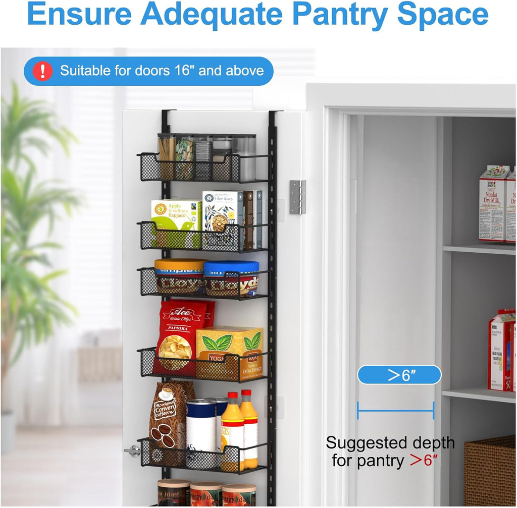 12.3" W Narrow Over the Door Pantry Organizer, 6-Tier Over the Door Organizer with Adjustable Basket, Pantry Door Organization for Pantry Kitchen Storage Room Spice Rack, Black