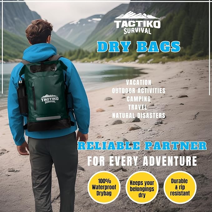 TACTIKO 30L Heavy-Duty 100% Waterproof Backpack, Roll Top Dry Bags for Kayaking, Hiking, Camping, Survival