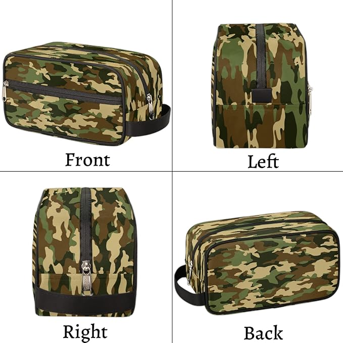 Green Camo Portable Travel Toiletry Bag, Geometry Camouflage Print Dopp Kit Cosmetic Organizer Makeup Bag Shower Shaving Bag for Men Women