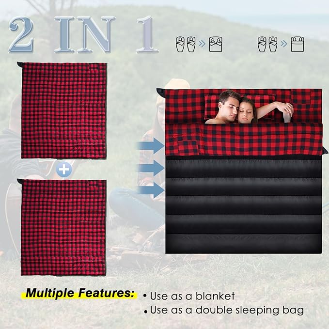 0 Degree Sleeping Bag Cotton Flannel Winter Cold Weather for Adults XXL Sleeping Bag 4 Season Big and Tall with Pillow Compression Sack