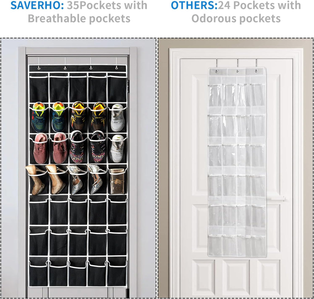 35 Pockets Over the Door Shoe Organizer, Hanging Shoe Organizer for Door with 35 Mesh Pockets Large Capacity Shoe Hanging Storage Bag with 4 Metal Hooks (Black-1Pack)