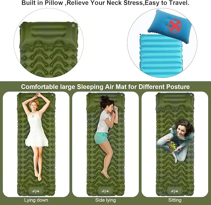 Sleeping Pad, Ultralight Inflatable Sleeping Pad for Camping, Built-in Pump, Ultimate for Camping, Hiking, Airpad, Carry Bag, Repair Kit, Compact & Lightweight Air Mattress(Green)