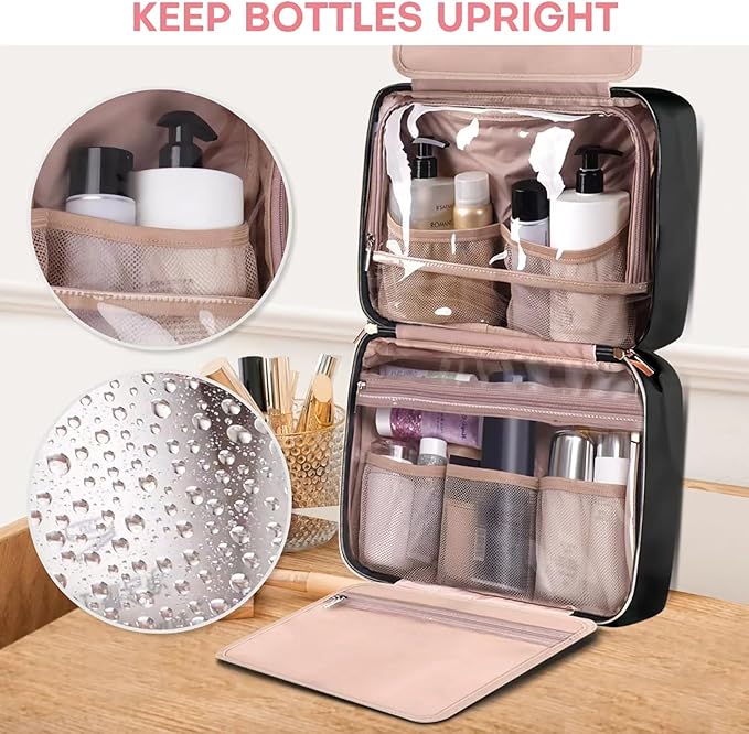 Travel Size Toiletry Bag for Women, Portable Cosmetic Bag with Hanging Hook, Travel Essentials Water-resistant Makeup Organizer for Accessories, Shampoo, Full-size Container, Toiletries